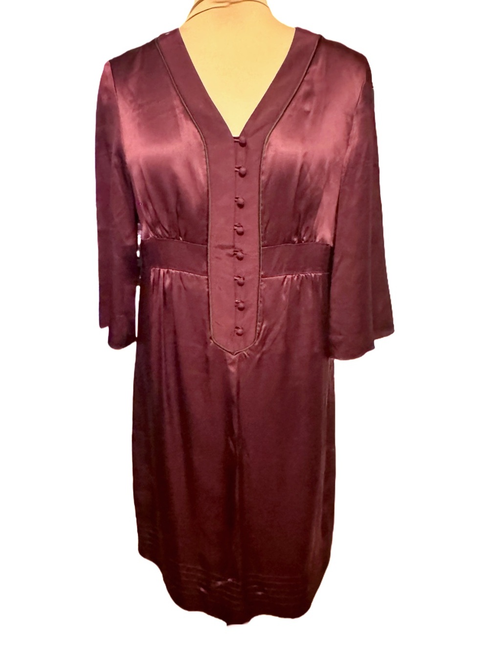 Collective Clothing 100% Silk Burgundy Midi Dress Button Front V-Neck Size Large